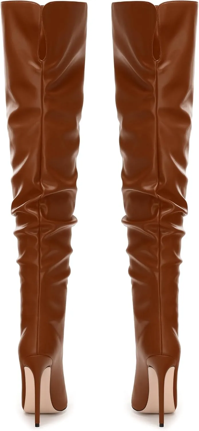 JUSTDANNI Women's Thigh High Boots for Women Thick Thighs Over Knee Boots with Stiletto High Heels Pointed Toe Comfortable Pull On Above The Knee Boots Party Wedding Shopping Thigh High Heels