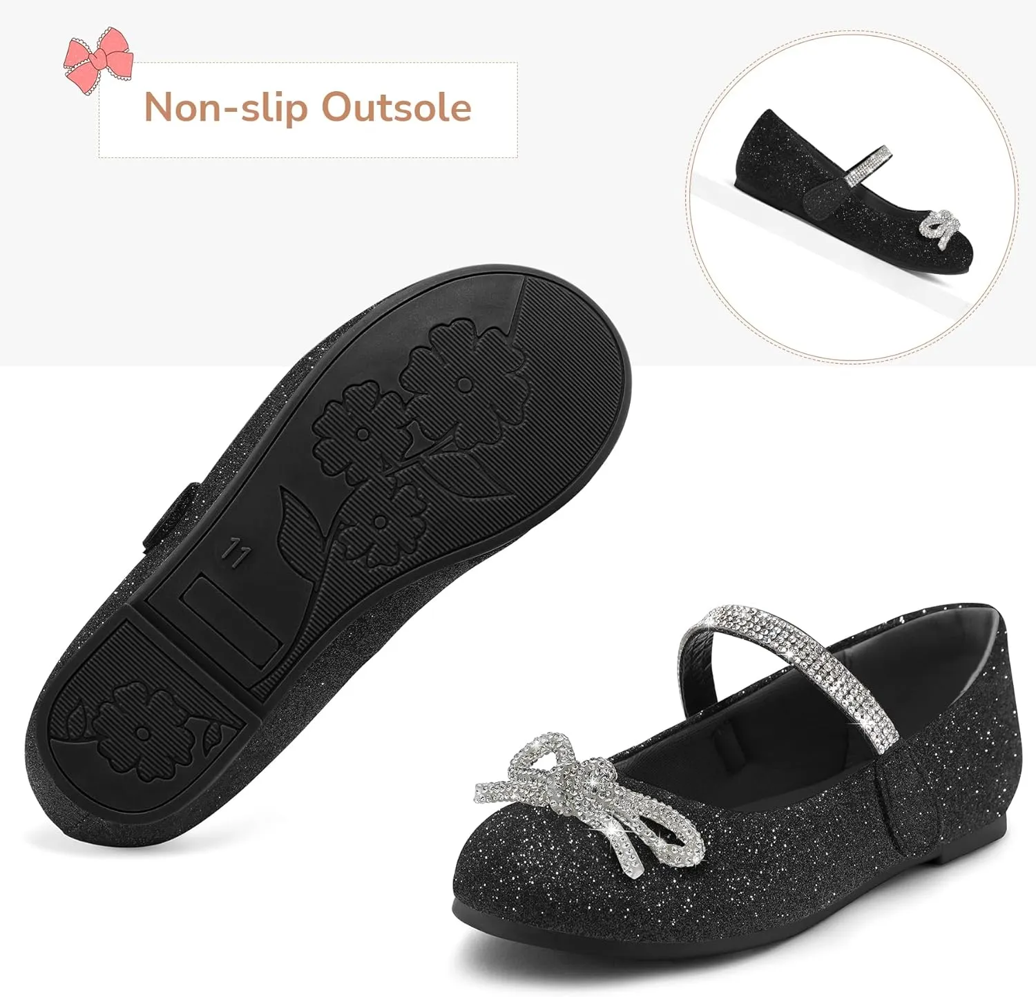 K KomForme Girl's Bow Mary Jane Dress Shoes Ballet Princess Flats with Rhinestone Strap for Party Wedding School, Toddler/Little Kid/Big Kid