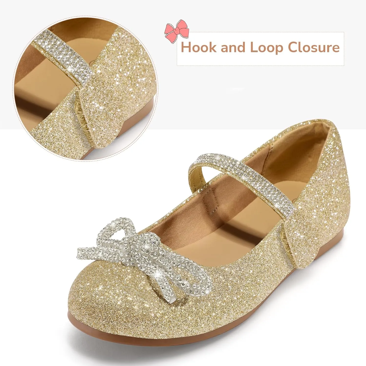 K KomForme Girl's Bow Mary Jane Dress Shoes Ballet Princess Flats with Rhinestone Strap for Party Wedding School, Toddler/Little Kid/Big Kid