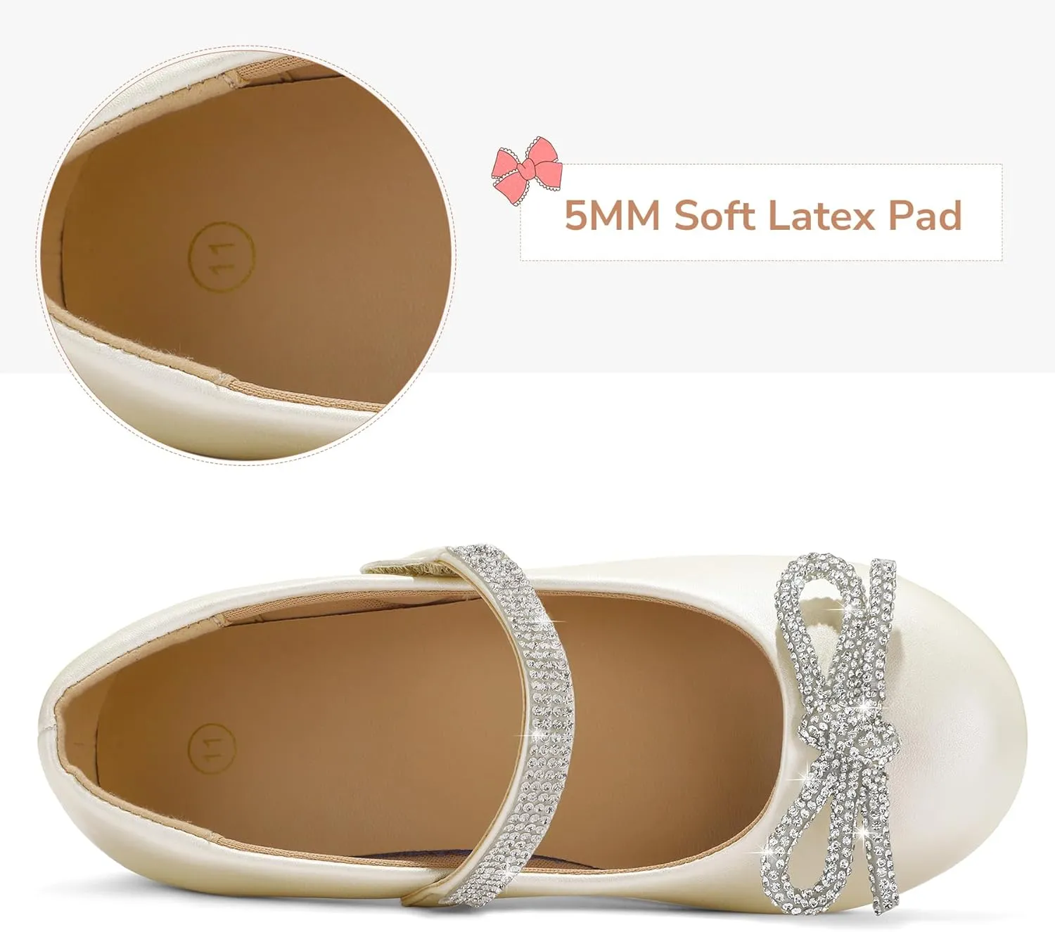 K KomForme Girl's Bow Mary Jane Dress Shoes Ballet Princess Flats with Rhinestone Strap for Party Wedding School, Toddler/Little Kid/Big Kid