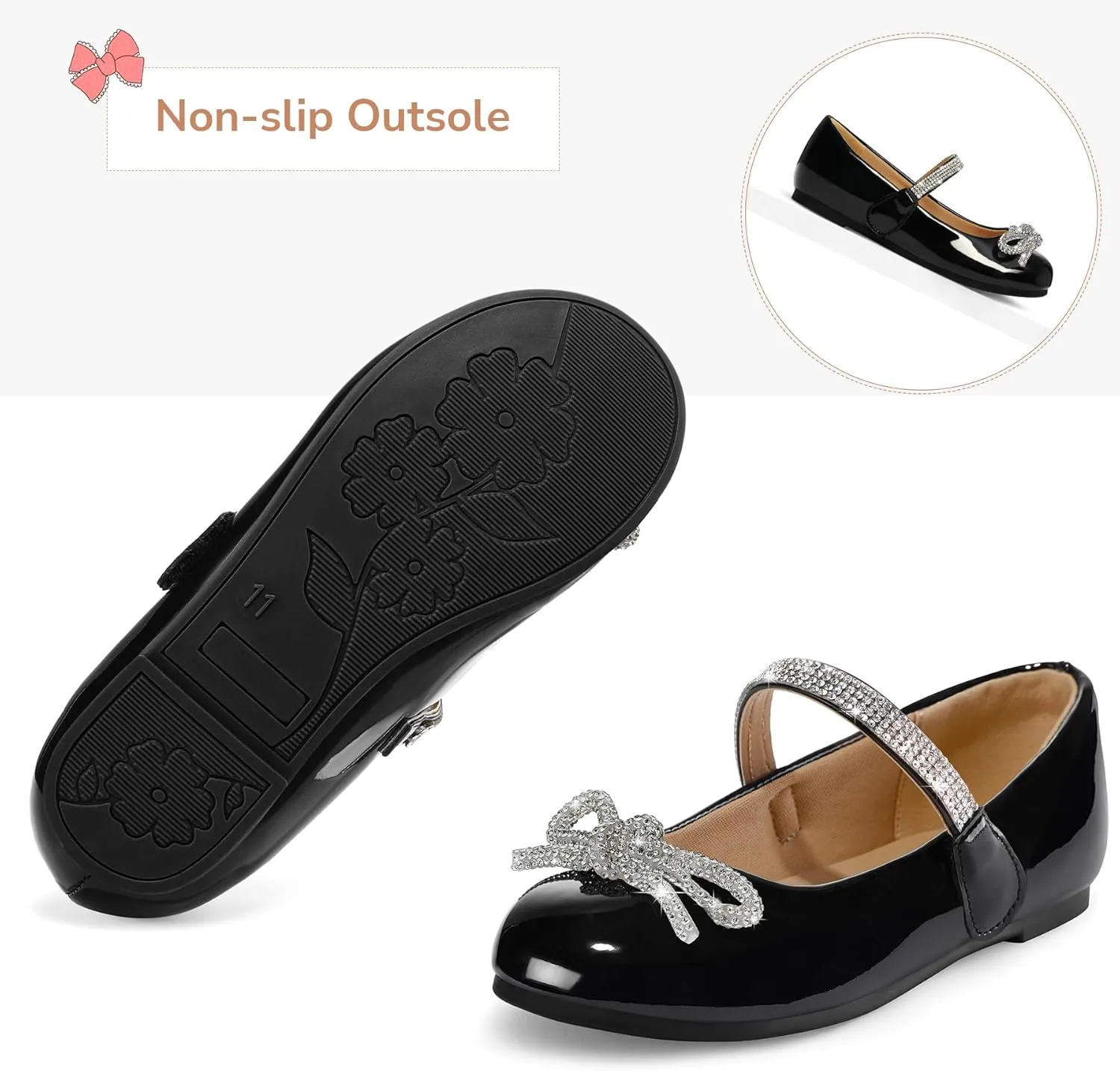 K KomForme Girl's Bow Mary Jane Dress Shoes Ballet Princess Flats with Rhinestone Strap for Party Wedding School, Toddler/Little Kid/Big Kid