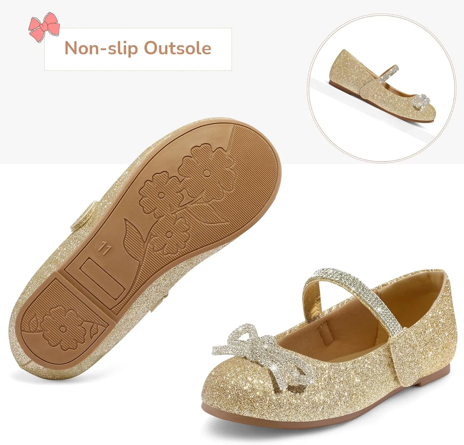 K KomForme Girl's Bow Mary Jane Dress Shoes Ballet Princess Flats with Rhinestone Strap for Party Wedding School, Toddler/Little Kid/Big Kid