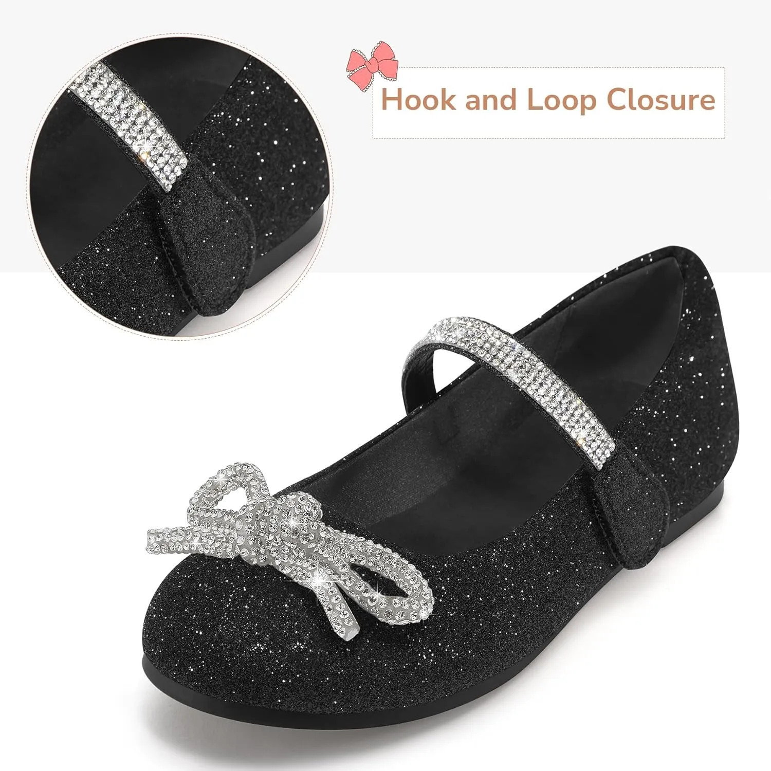 K KomForme Girl's Bow Mary Jane Dress Shoes Ballet Princess Flats with Rhinestone Strap for Party Wedding School, Toddler/Little Kid/Big Kid