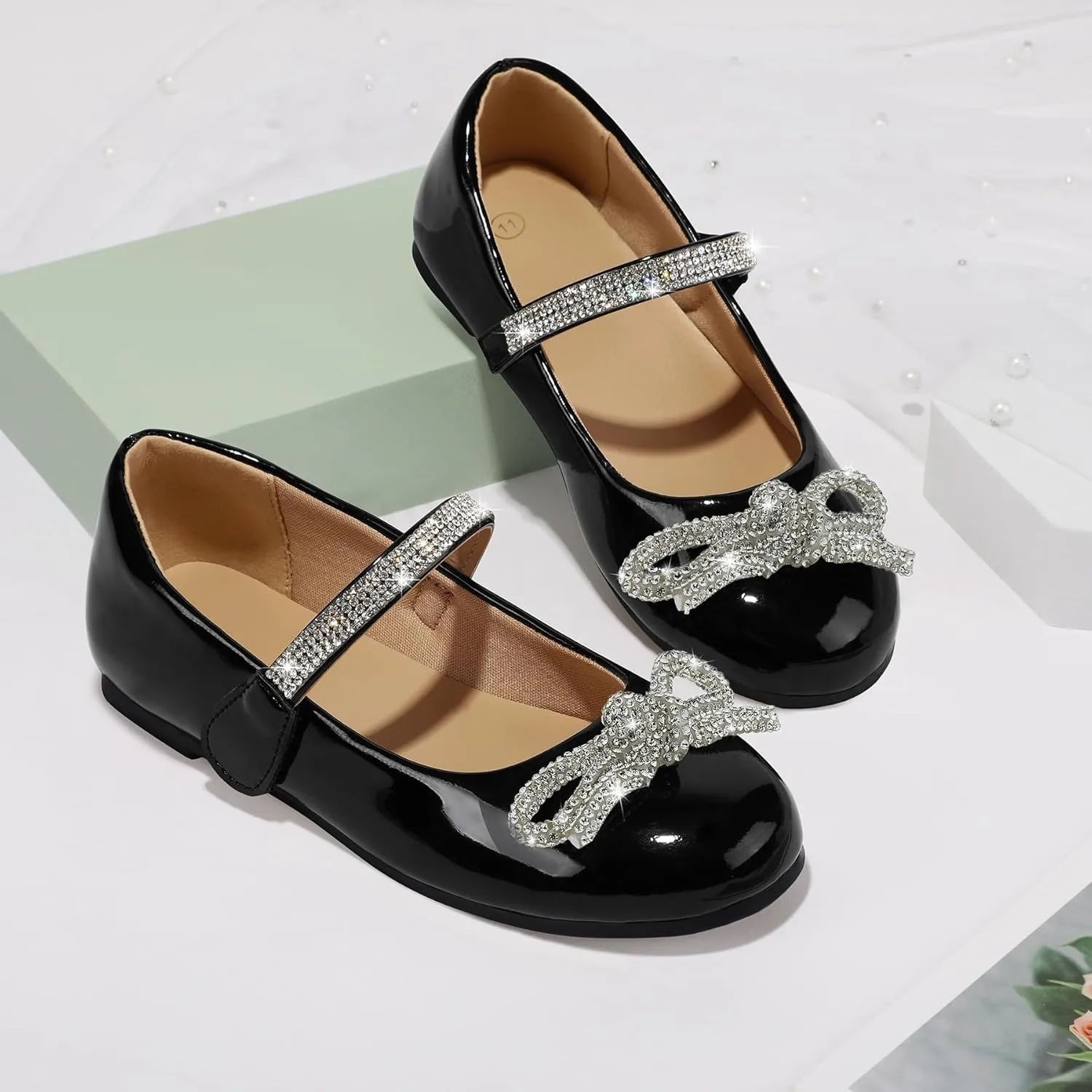 K KomForme Girl's Bow Mary Jane Dress Shoes Ballet Princess Flats with Rhinestone Strap for Party Wedding School, Toddler/Little Kid/Big Kid