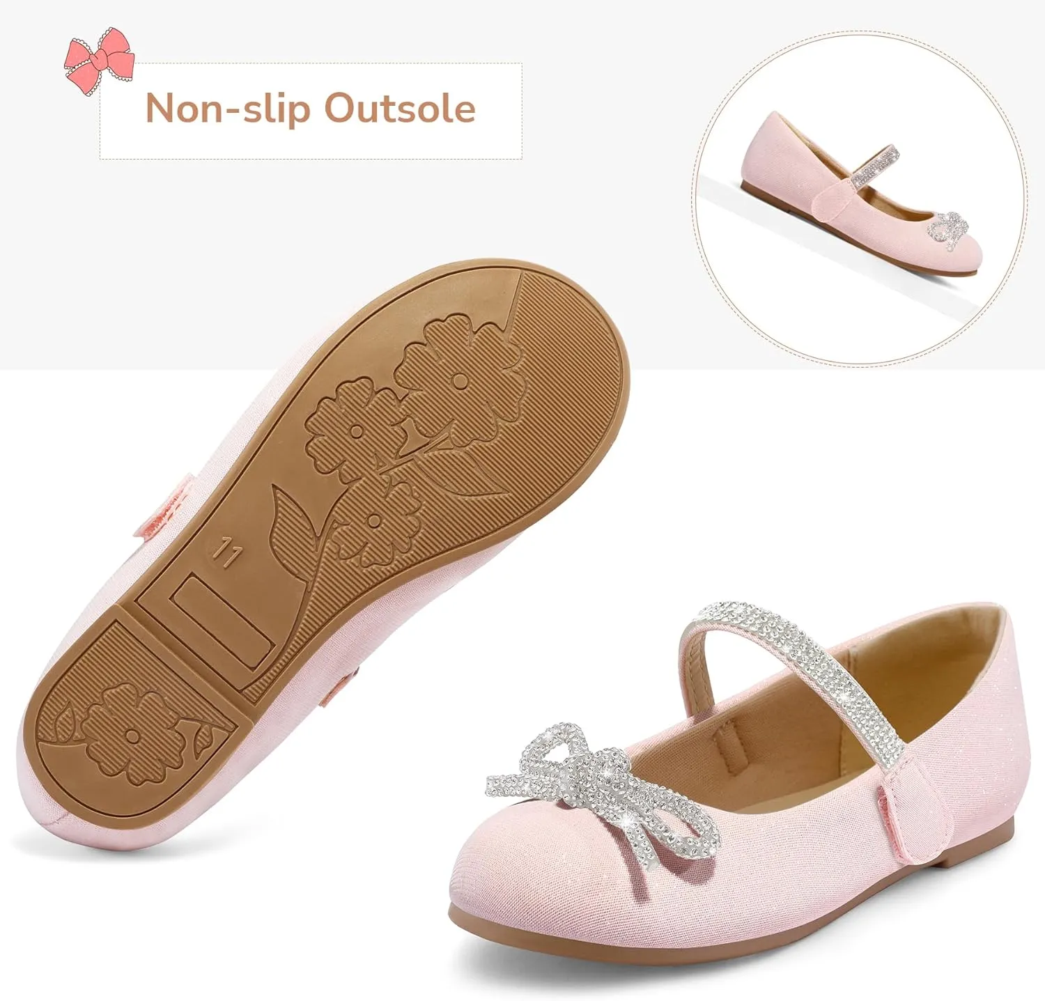 K KomForme Girl's Bow Mary Jane Dress Shoes Ballet Princess Flats with Rhinestone Strap for Party Wedding School, Toddler/Little Kid/Big Kid