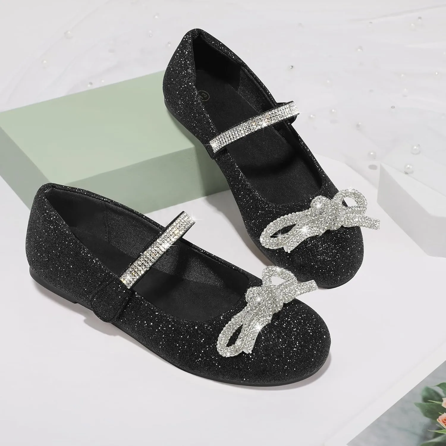 K KomForme Girl's Bow Mary Jane Dress Shoes Ballet Princess Flats with Rhinestone Strap for Party Wedding School, Toddler/Little Kid/Big Kid