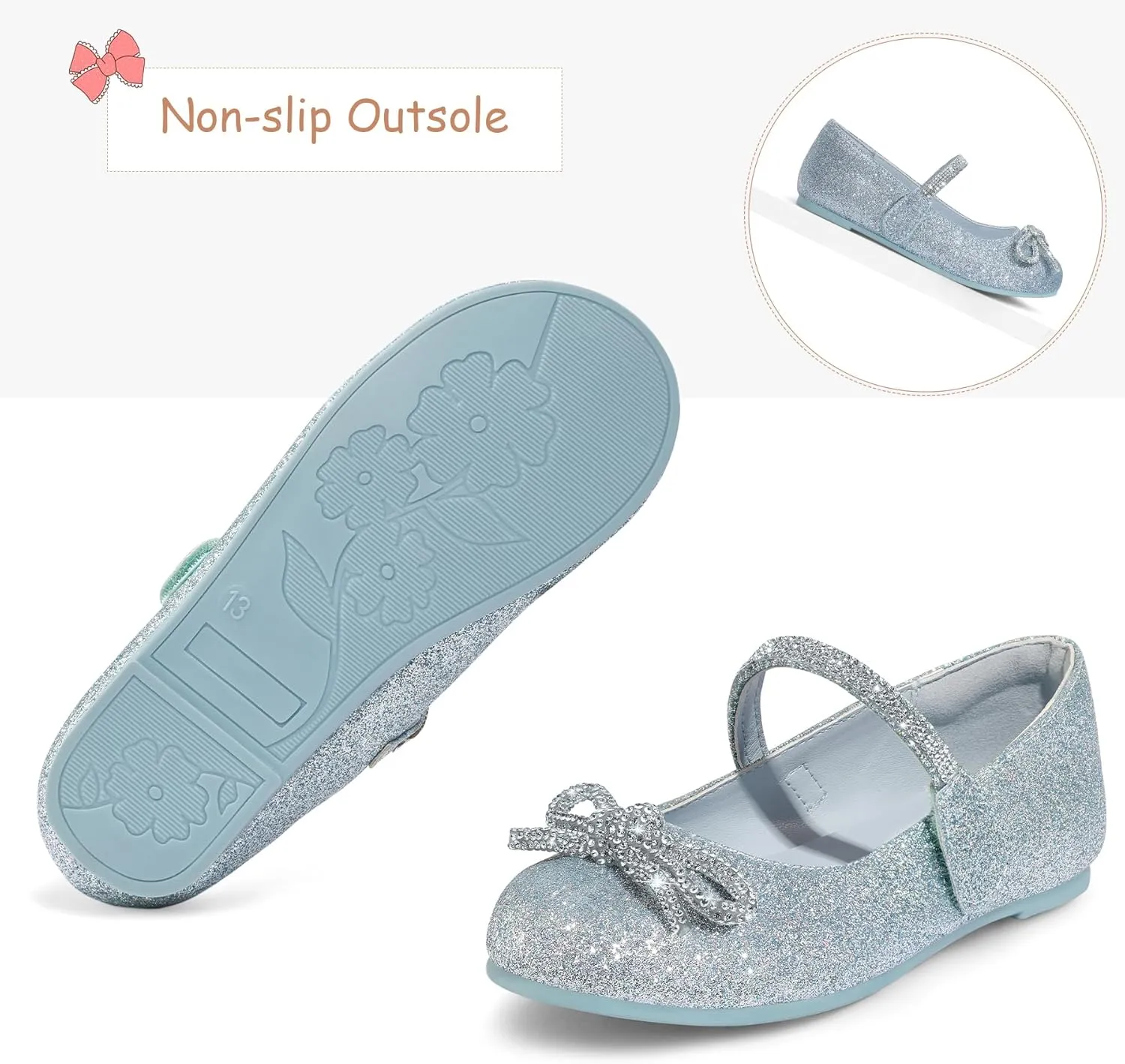 K KomForme Girl's Bow Mary Jane Dress Shoes Ballet Princess Flats with Rhinestone Strap for Party Wedding School, Toddler/Little Kid/Big Kid