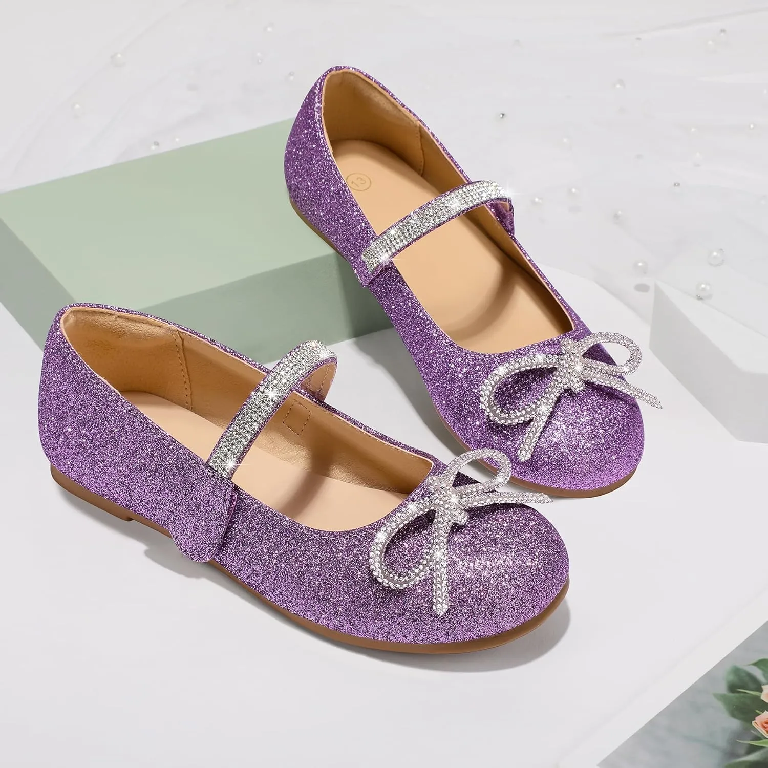 K KomForme Girl's Bow Mary Jane Dress Shoes Ballet Princess Flats with Rhinestone Strap for Party Wedding School, Toddler/Little Kid/Big Kid