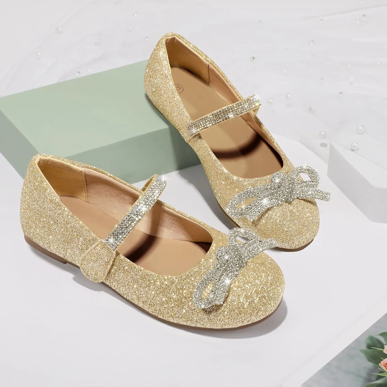 K KomForme Girl's Bow Mary Jane Dress Shoes Ballet Princess Flats with Rhinestone Strap for Party Wedding School, Toddler/Little Kid/Big Kid