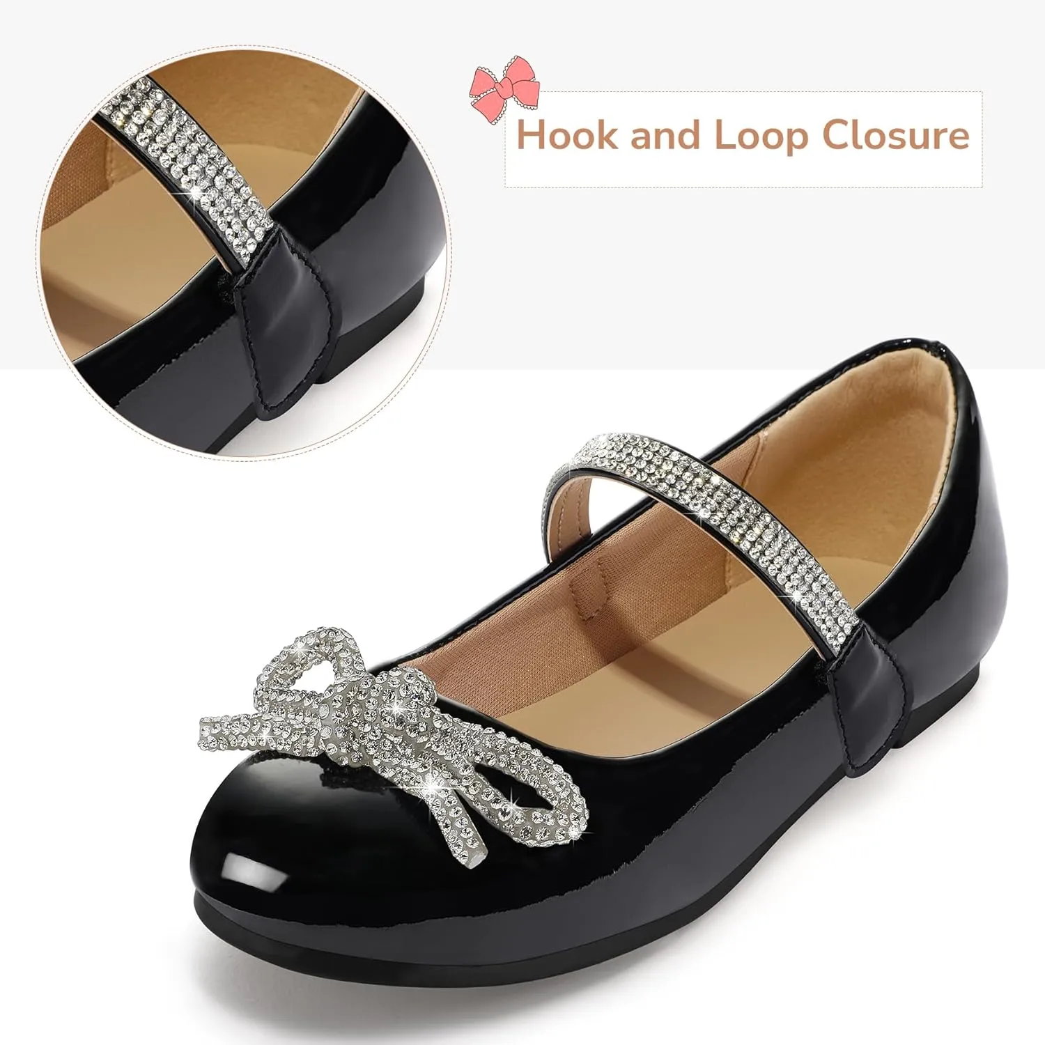 K KomForme Girl's Bow Mary Jane Dress Shoes Ballet Princess Flats with Rhinestone Strap for Party Wedding School, Toddler/Little Kid/Big Kid