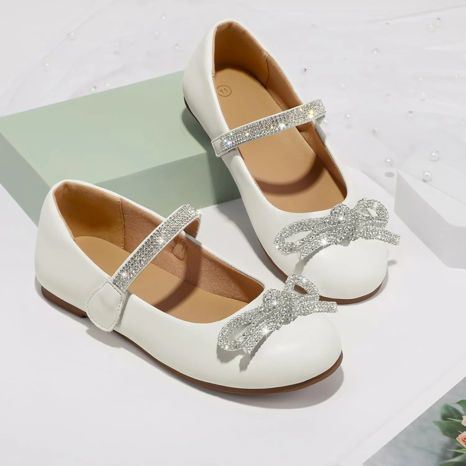 K KomForme Girl's Bow Mary Jane Dress Shoes Ballet Princess Flats with Rhinestone Strap for Party Wedding School, Toddler/Little Kid/Big Kid