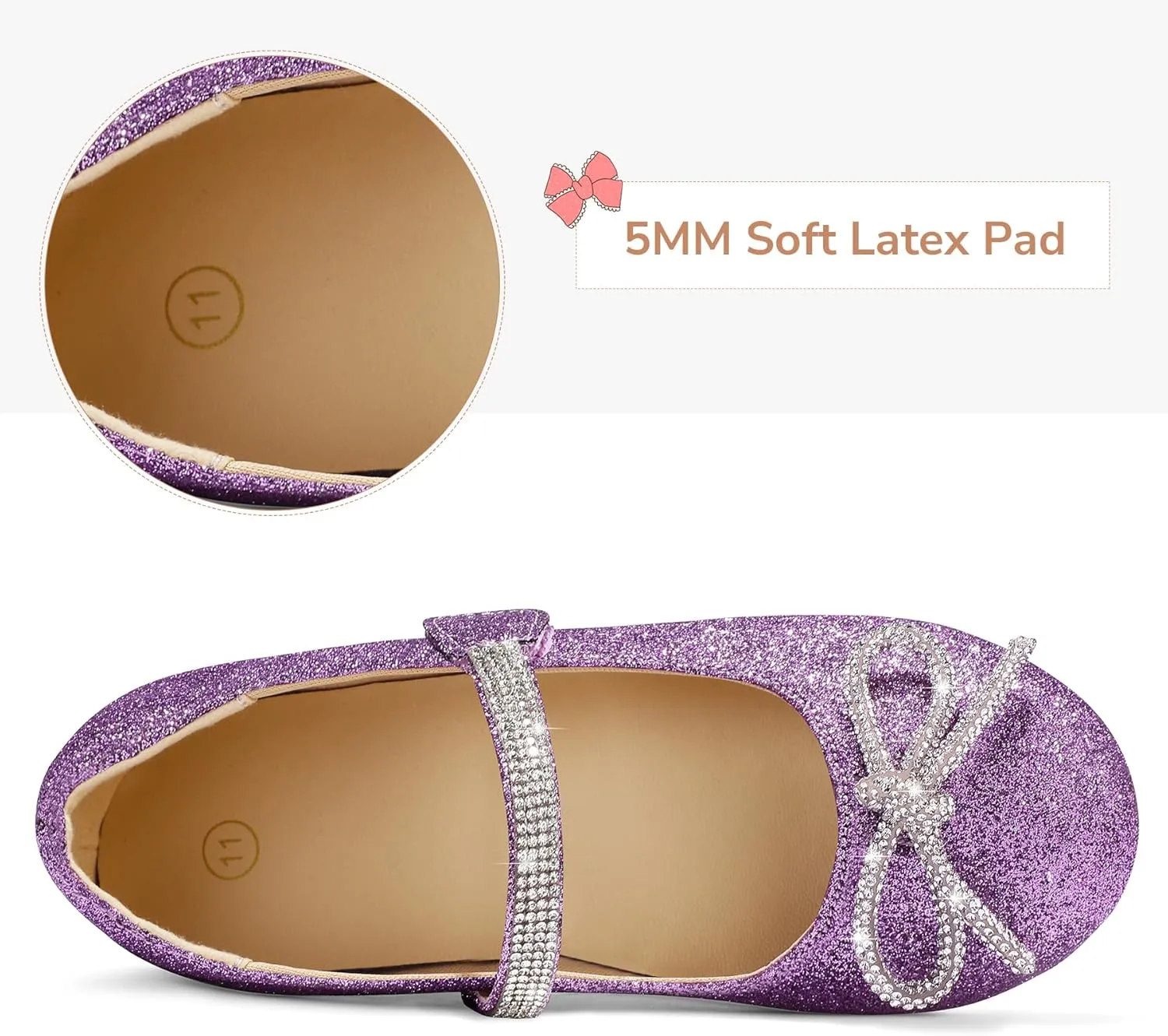 K KomForme Girl's Bow Mary Jane Dress Shoes Ballet Princess Flats with Rhinestone Strap for Party Wedding School, Toddler/Little Kid/Big Kid