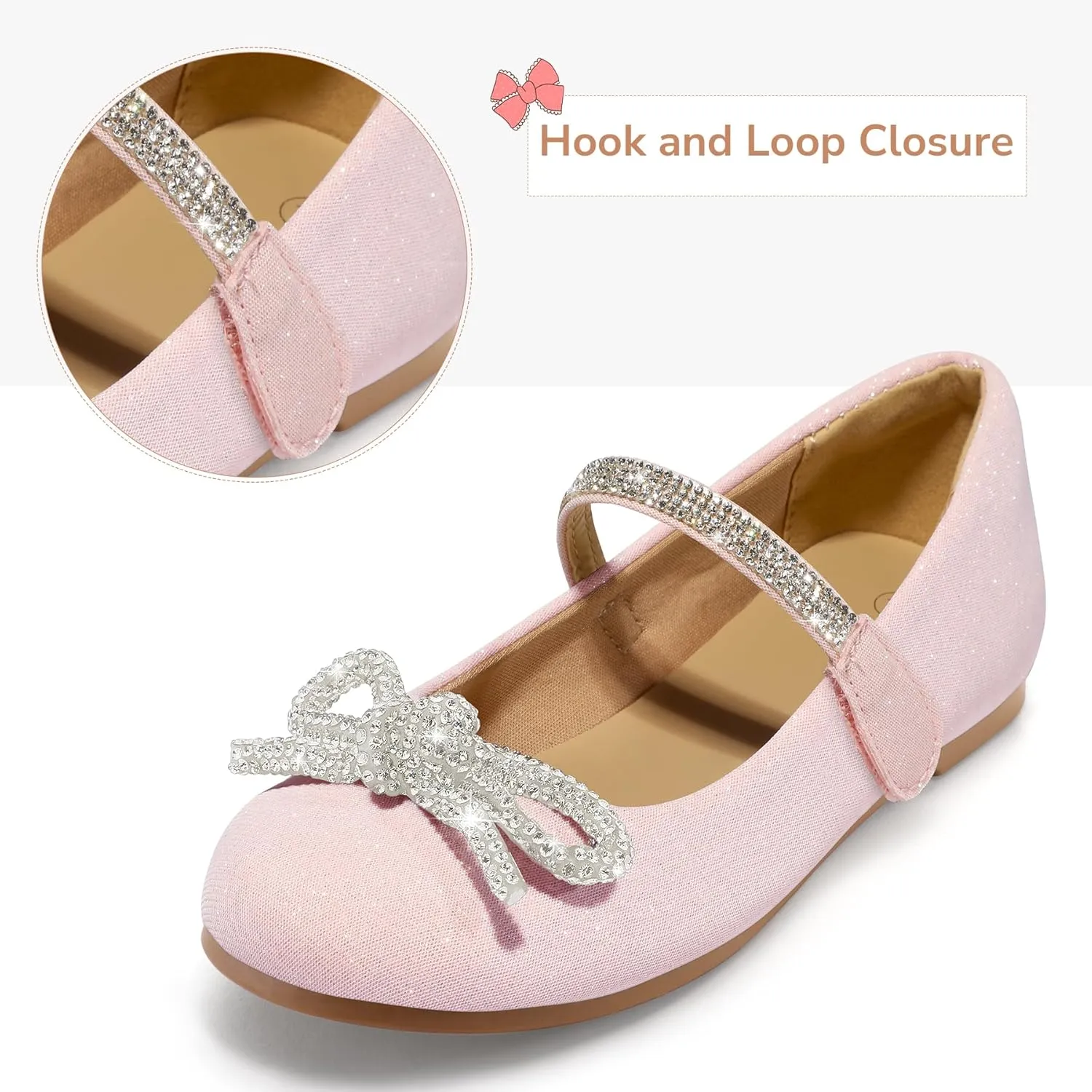 K KomForme Girl's Bow Mary Jane Dress Shoes Ballet Princess Flats with Rhinestone Strap for Party Wedding School, Toddler/Little Kid/Big Kid