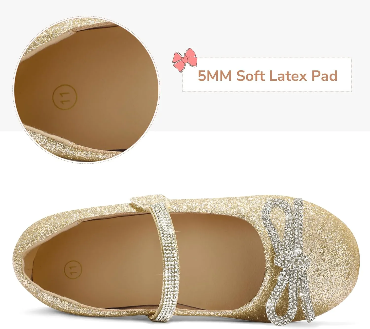 K KomForme Girl's Bow Mary Jane Dress Shoes Ballet Princess Flats with Rhinestone Strap for Party Wedding School, Toddler/Little Kid/Big Kid