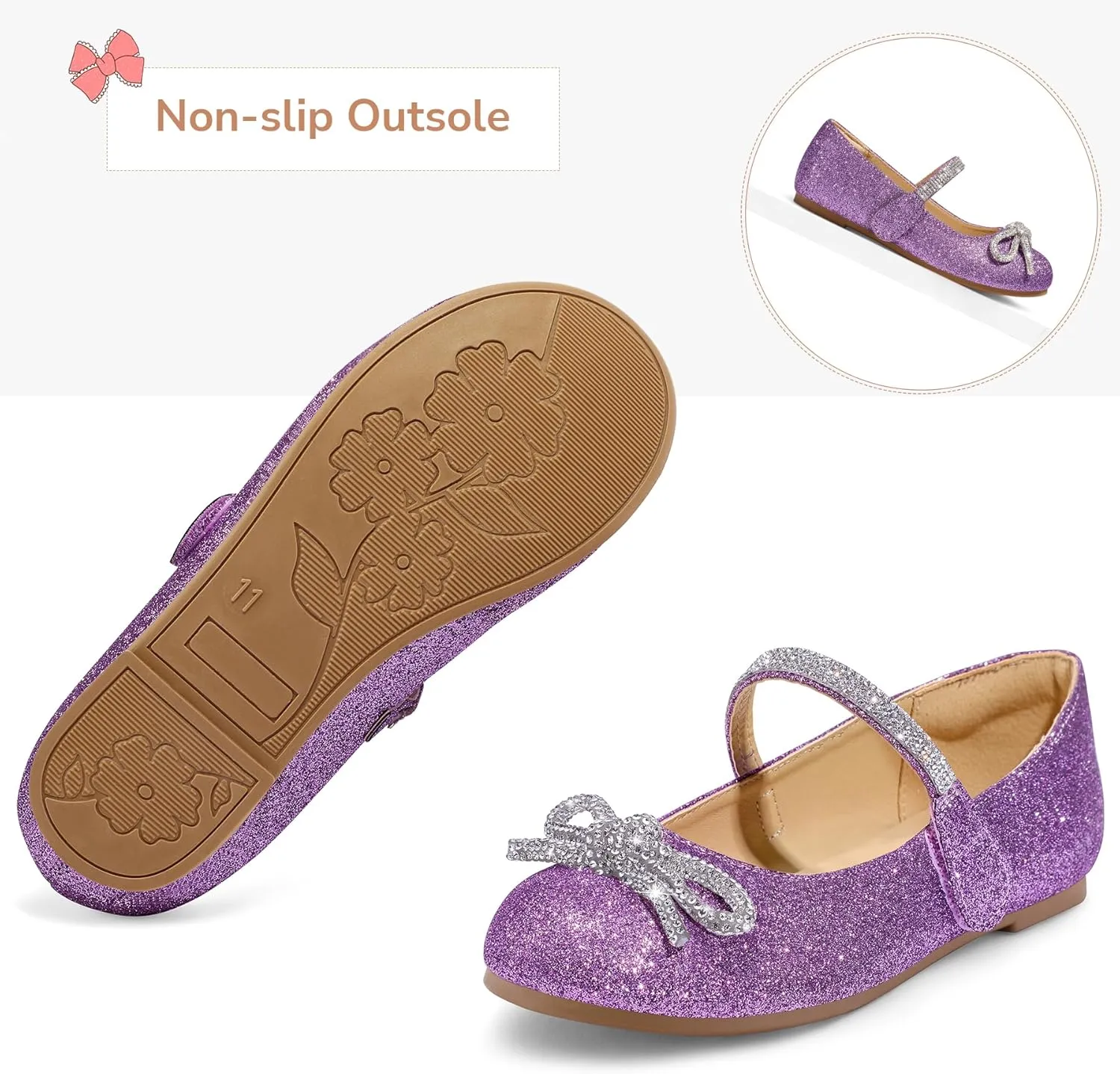 K KomForme Girl's Bow Mary Jane Dress Shoes Ballet Princess Flats with Rhinestone Strap for Party Wedding School, Toddler/Little Kid/Big Kid
