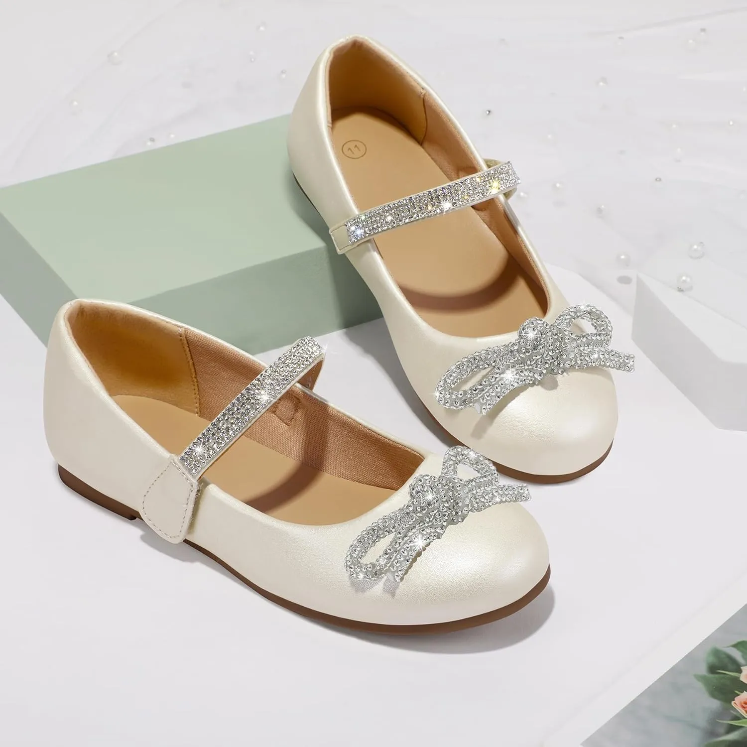 K KomForme Girl's Bow Mary Jane Dress Shoes Ballet Princess Flats with Rhinestone Strap for Party Wedding School, Toddler/Little Kid/Big Kid
