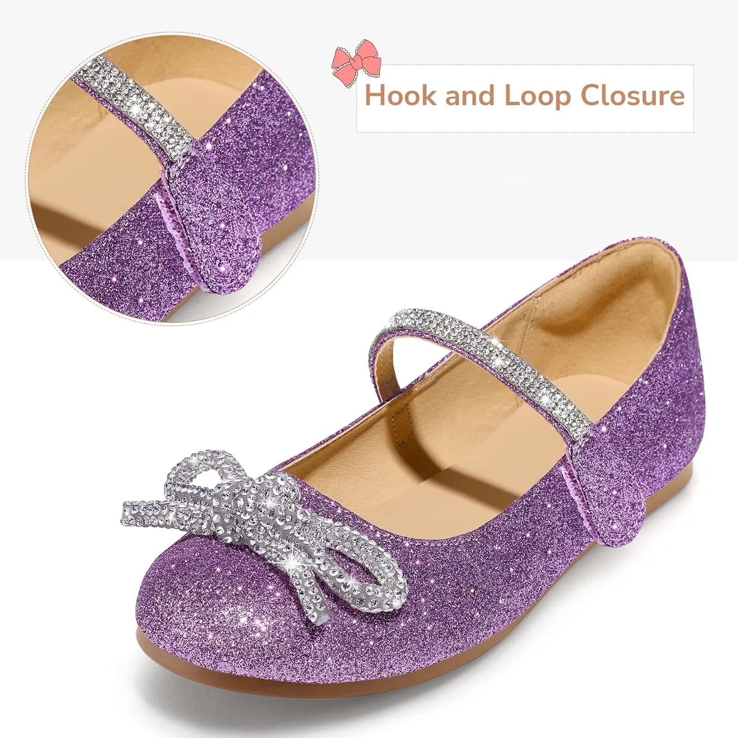 K KomForme Girl's Bow Mary Jane Dress Shoes Ballet Princess Flats with Rhinestone Strap for Party Wedding School, Toddler/Little Kid/Big Kid