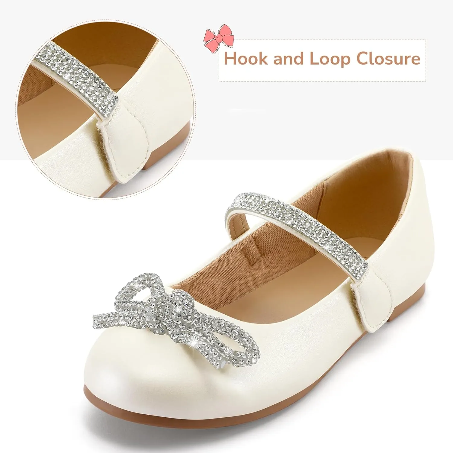 K KomForme Girl's Bow Mary Jane Dress Shoes Ballet Princess Flats with Rhinestone Strap for Party Wedding School, Toddler/Little Kid/Big Kid