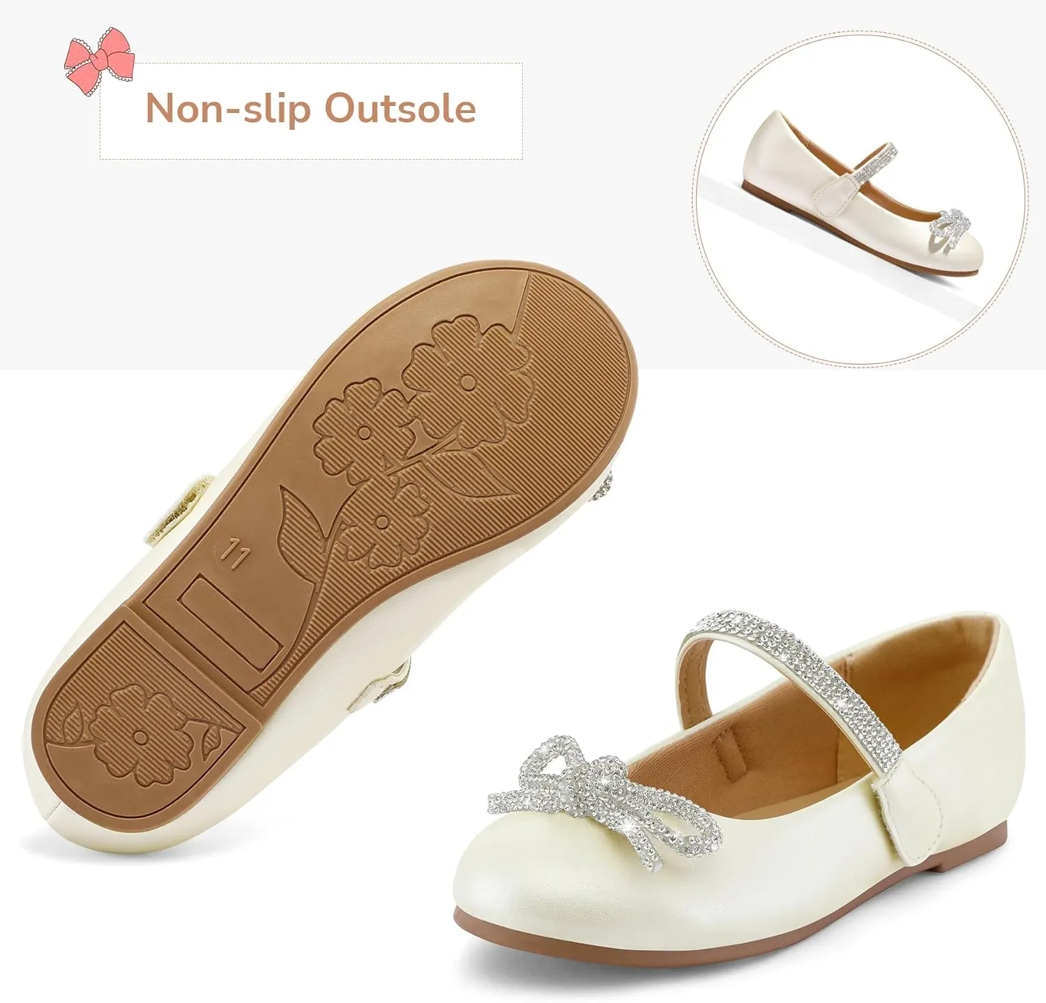 K KomForme Girl's Bow Mary Jane Dress Shoes Ballet Princess Flats with Rhinestone Strap for Party Wedding School, Toddler/Little Kid/Big Kid