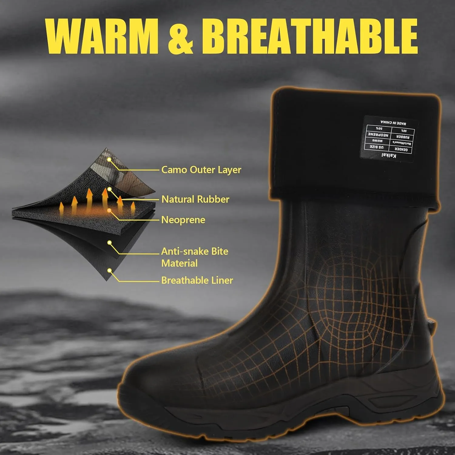 Kalkal Rain Boots Men, Waterproof Rubber Boots for Men, Durable Neoprene Work Boots for Gardening Hunting and Fishing
