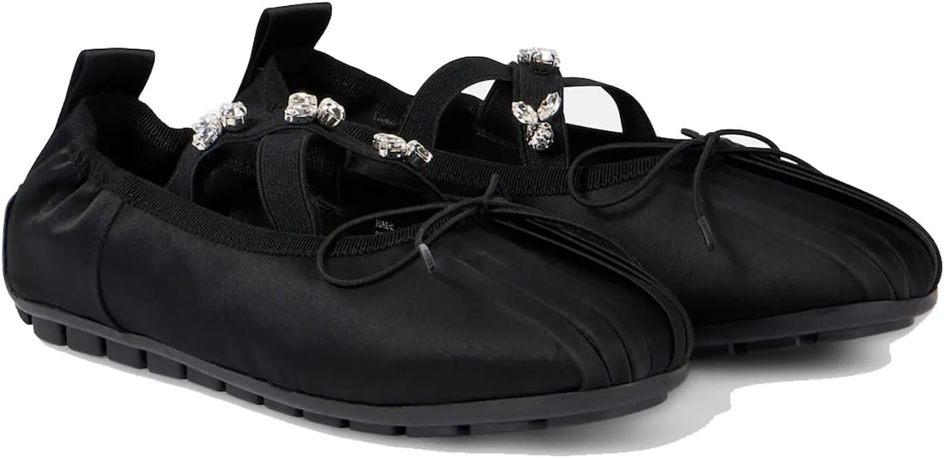 Kapuxumo Women's Rhinestone Crystal Embellished Satin Ballet Flats with Bow - Slip-On Elastic Band Loafers, Round Toe Comfort Ballerina Shoes for Dressy & Casual Outfits