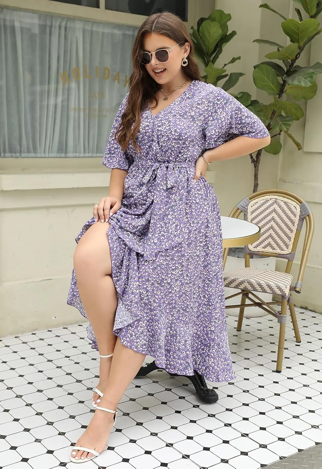 Keluummi Plus Size Wedding Guest Maxi Dress for Curvy Women, Summer Casual Boho Floral Long Wrap Dress with Sleeve and Pocket