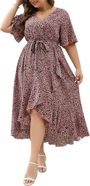 Keluummi Plus Size Wedding Guest Maxi Dress for Curvy Women, Summer Casual Boho Floral Long Wrap Dress with Sleeve and Pocket