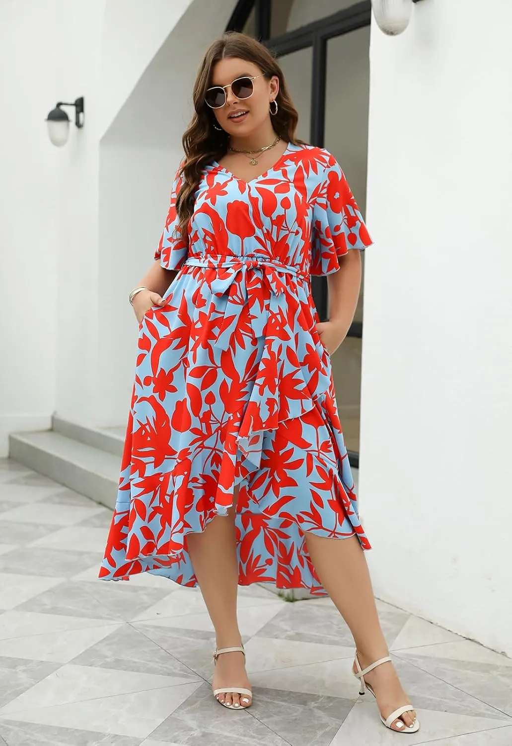 Keluummi Plus Size Wedding Guest Maxi Dress for Curvy Women, Summer Casual Boho Floral Long Wrap Dress with Sleeve and Pocket