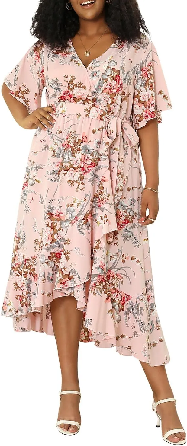 Keluummi Plus Size Wedding Guest Maxi Dress for Curvy Women, Summer Casual Boho Floral Long Wrap Dress with Sleeve and Pocket