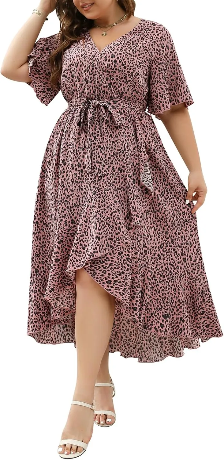 Keluummi Plus Size Wedding Guest Maxi Dress for Curvy Women, Summer Casual Boho Floral Long Wrap Dress with Sleeve and Pocket
