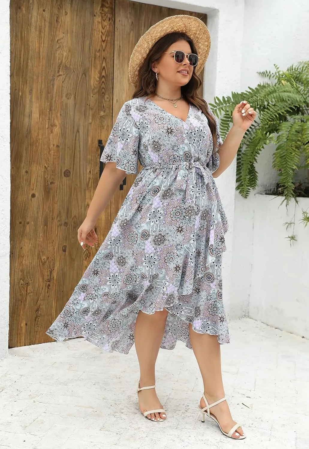 Keluummi Plus Size Wedding Guest Maxi Dress for Curvy Women, Summer Casual Boho Floral Long Wrap Dress with Sleeve and Pocket