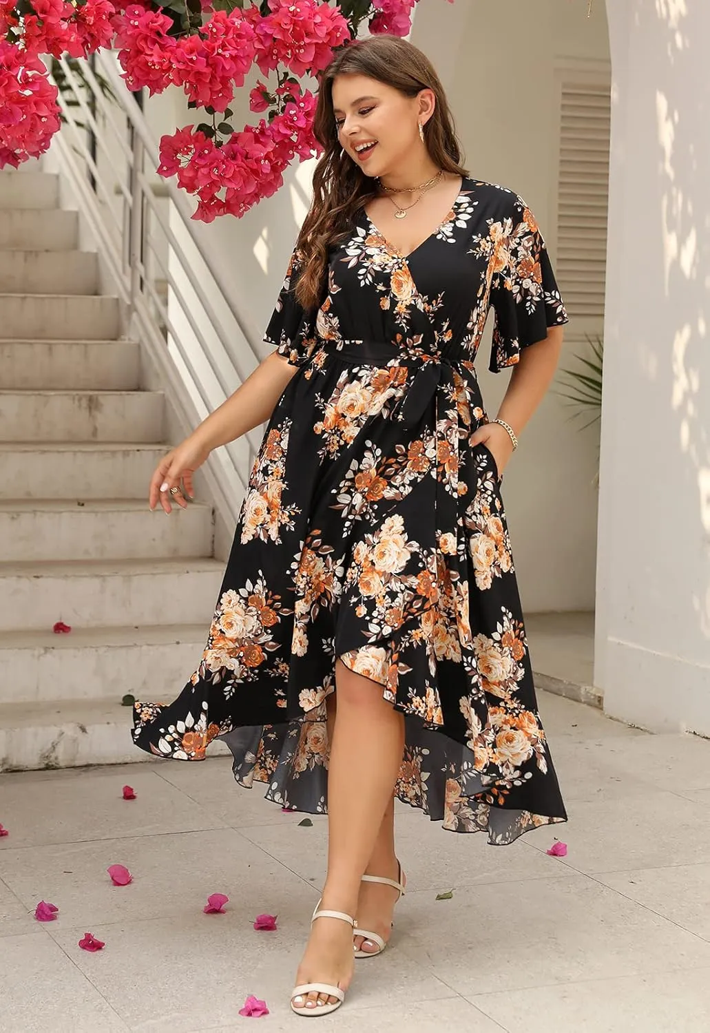 Keluummi Plus Size Wedding Guest Maxi Dress for Curvy Women, Summer Casual Boho Floral Long Wrap Dress with Sleeve and Pocket