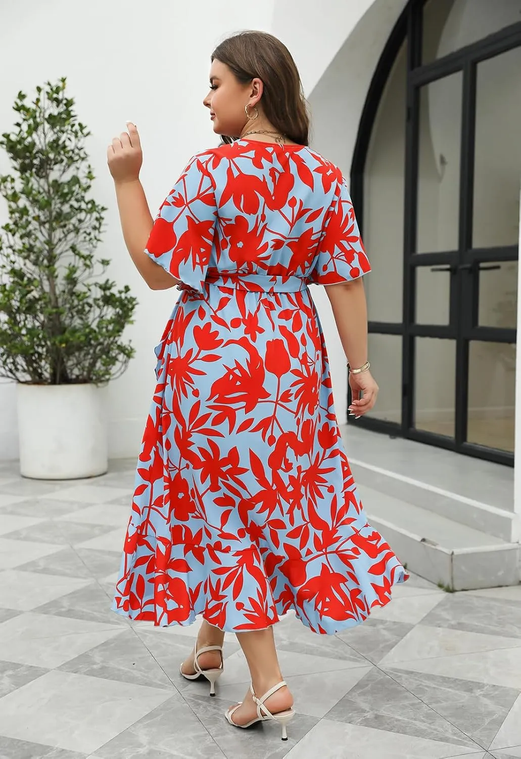 Keluummi Plus Size Wedding Guest Maxi Dress for Curvy Women, Summer Casual Boho Floral Long Wrap Dress with Sleeve and Pocket