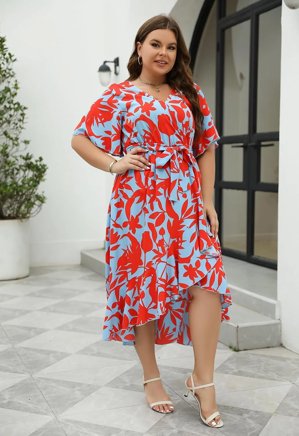 Keluummi Plus Size Wedding Guest Maxi Dress for Curvy Women, Summer Casual Boho Floral Long Wrap Dress with Sleeve and Pocket