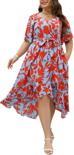 Keluummi Plus Size Wedding Guest Maxi Dress for Curvy Women, Summer Casual Boho Floral Long Wrap Dress with Sleeve and Pocket