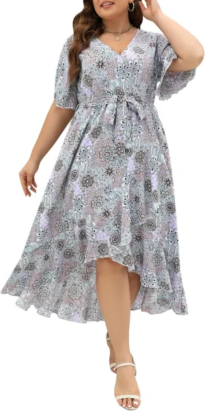 Keluummi Plus Size Wedding Guest Maxi Dress for Curvy Women, Summer Casual Boho Floral Long Wrap Dress with Sleeve and Pocket