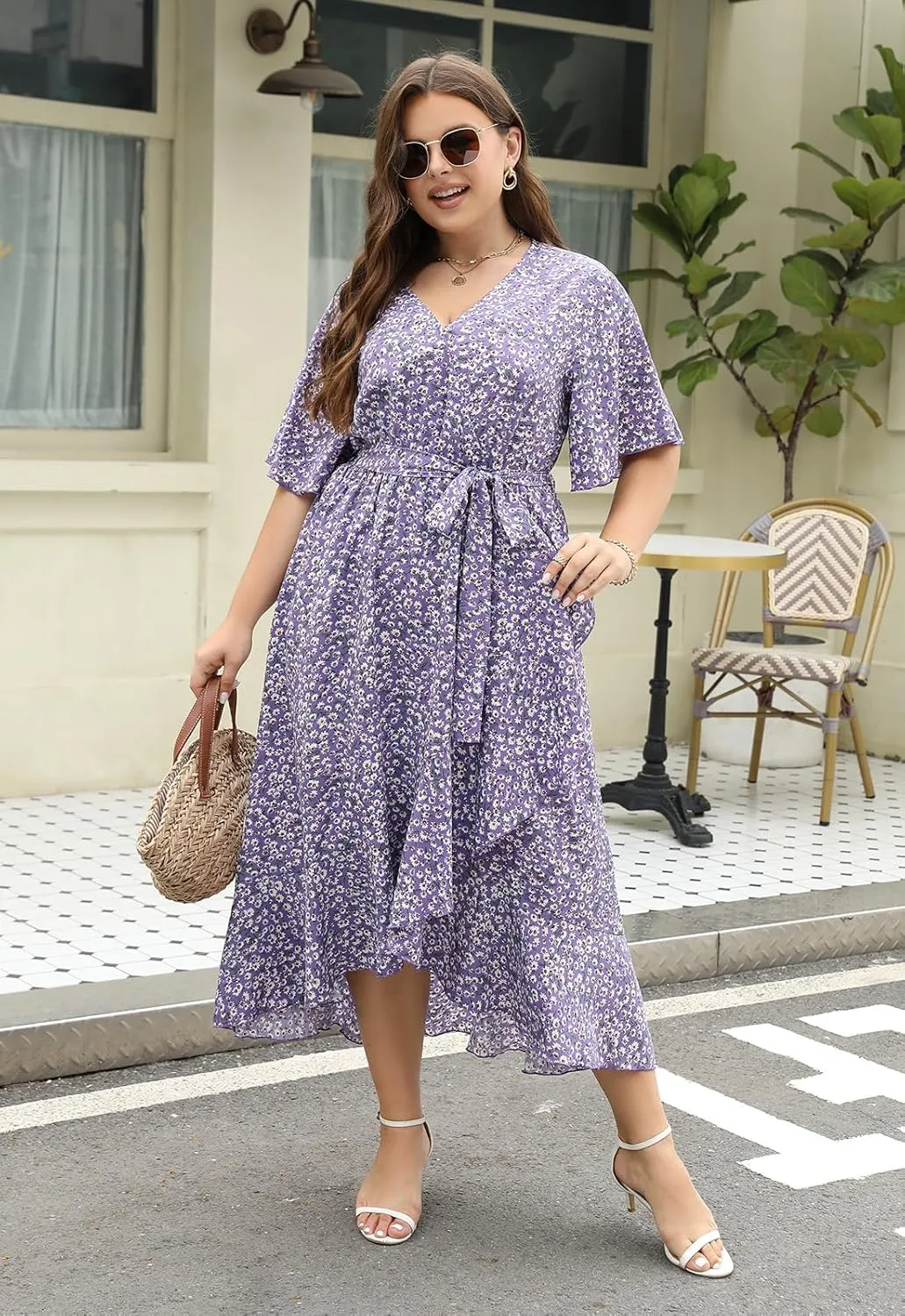Keluummi Plus Size Wedding Guest Maxi Dress for Curvy Women, Summer Casual Boho Floral Long Wrap Dress with Sleeve and Pocket