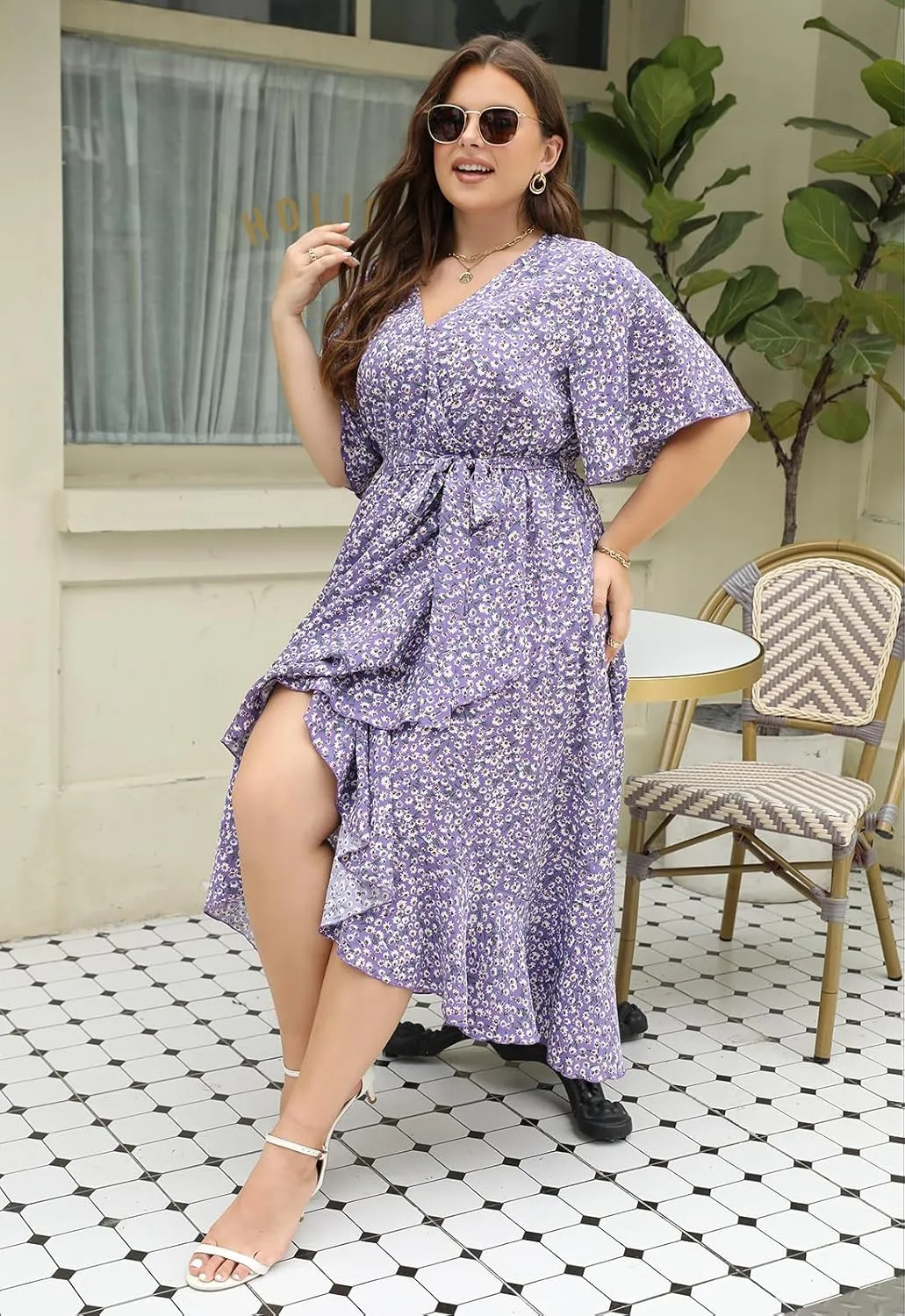 Keluummi Plus Size Wedding Guest Maxi Dress for Curvy Women, Summer Casual Boho Floral Long Wrap Dress with Sleeve and Pocket