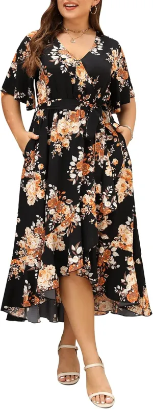 Keluummi Plus Size Wedding Guest Maxi Dress for Curvy Women, Summer Casual Boho Floral Long Wrap Dress with Sleeve and Pocket