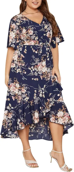 Keluummi Plus Size Wedding Guest Maxi Dress for Curvy Women, Summer Casual Boho Floral Long Wrap Dress with Sleeve and Pocket