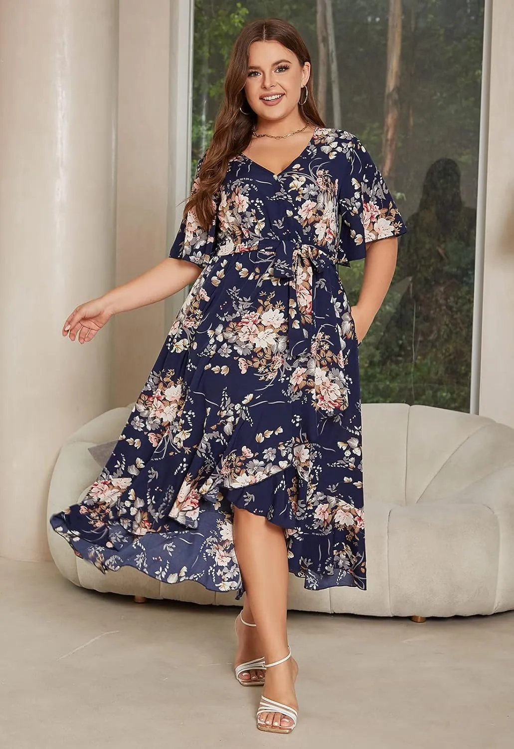 Keluummi Plus Size Wedding Guest Maxi Dress for Curvy Women, Summer Casual Boho Floral Long Wrap Dress with Sleeve and Pocket