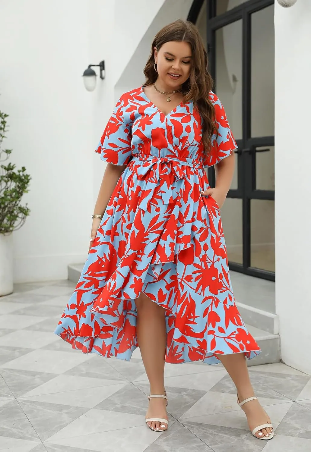 Keluummi Plus Size Wedding Guest Maxi Dress for Curvy Women, Summer Casual Boho Floral Long Wrap Dress with Sleeve and Pocket