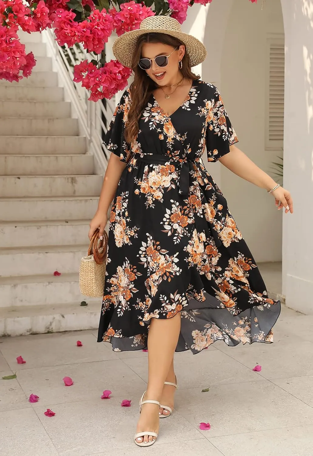 Keluummi Plus Size Wedding Guest Maxi Dress for Curvy Women, Summer Casual Boho Floral Long Wrap Dress with Sleeve and Pocket