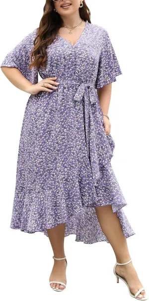 Keluummi Plus Size Wedding Guest Maxi Dress for Curvy Women, Summer Casual Boho Floral Long Wrap Dress with Sleeve and Pocket