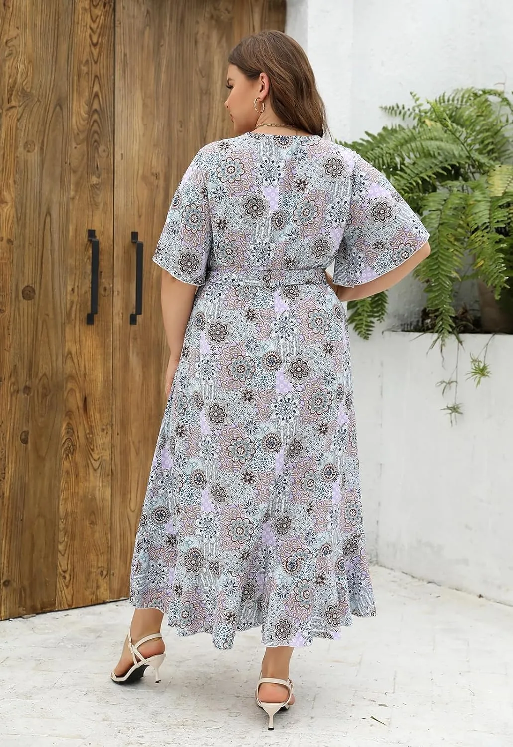 Keluummi Plus Size Wedding Guest Maxi Dress for Curvy Women, Summer Casual Boho Floral Long Wrap Dress with Sleeve and Pocket