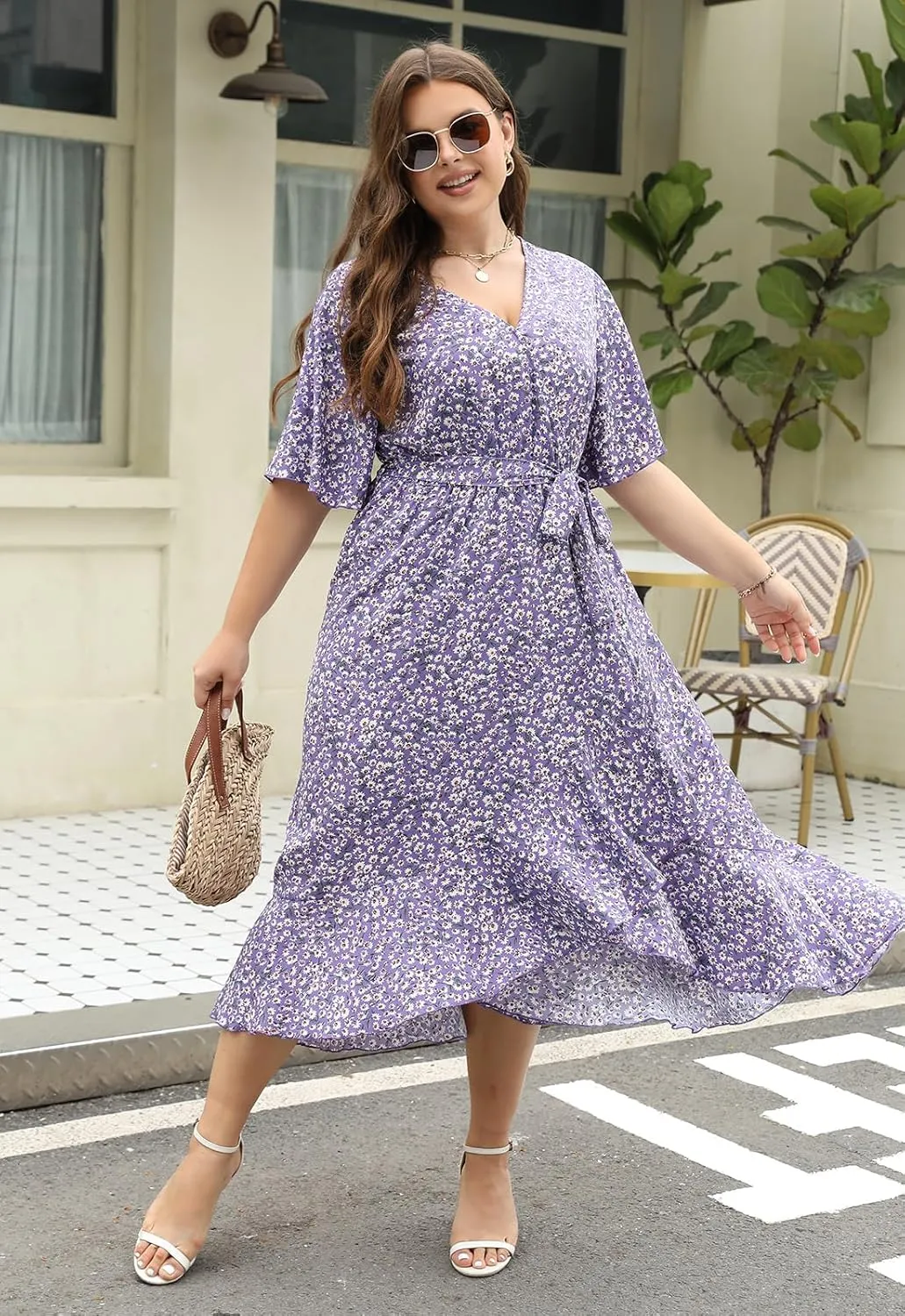 Keluummi Plus Size Wedding Guest Maxi Dress for Curvy Women, Summer Casual Boho Floral Long Wrap Dress with Sleeve and Pocket