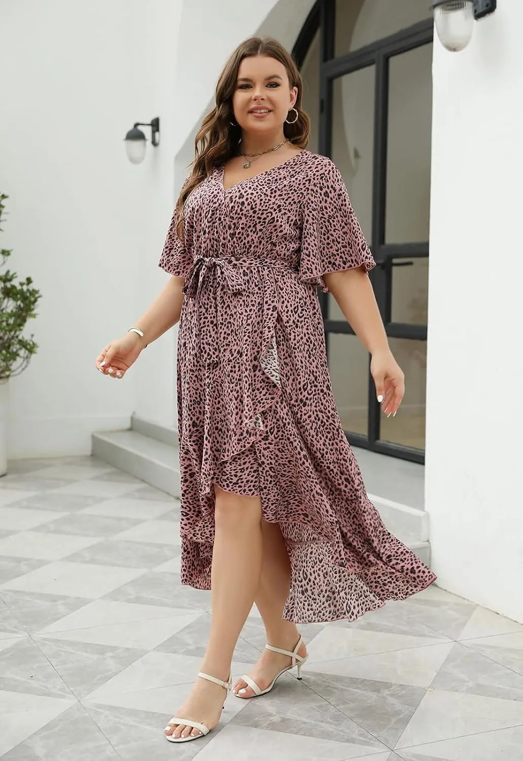Keluummi Plus Size Wedding Guest Maxi Dress for Curvy Women, Summer Casual Boho Floral Long Wrap Dress with Sleeve and Pocket