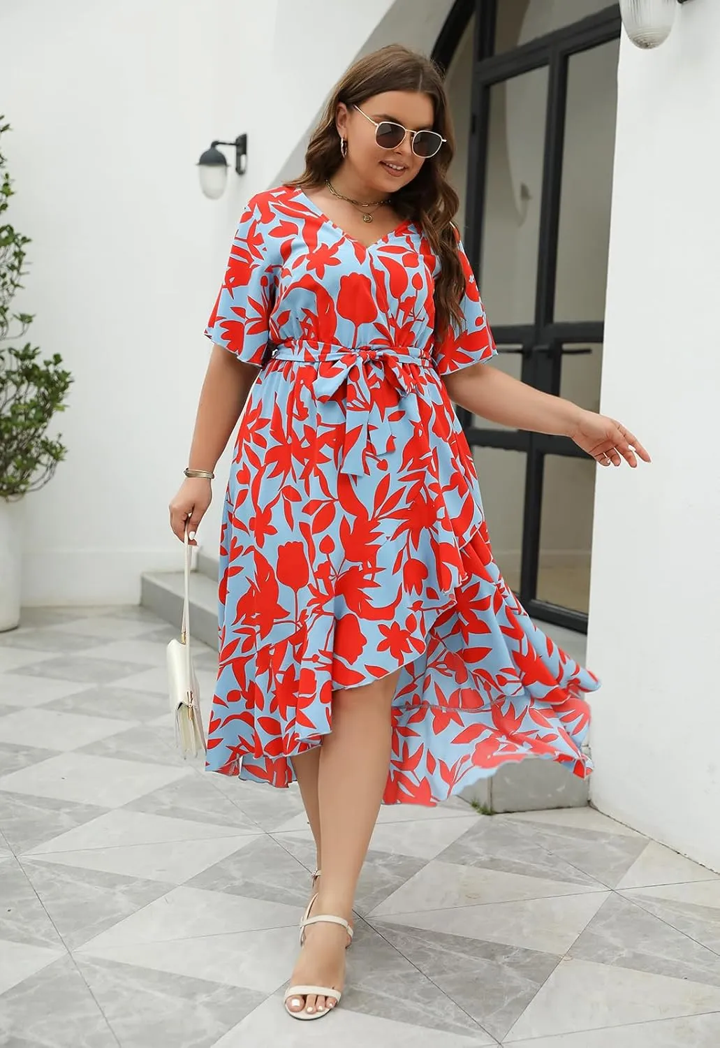 Keluummi Plus Size Wedding Guest Maxi Dress for Curvy Women, Summer Casual Boho Floral Long Wrap Dress with Sleeve and Pocket