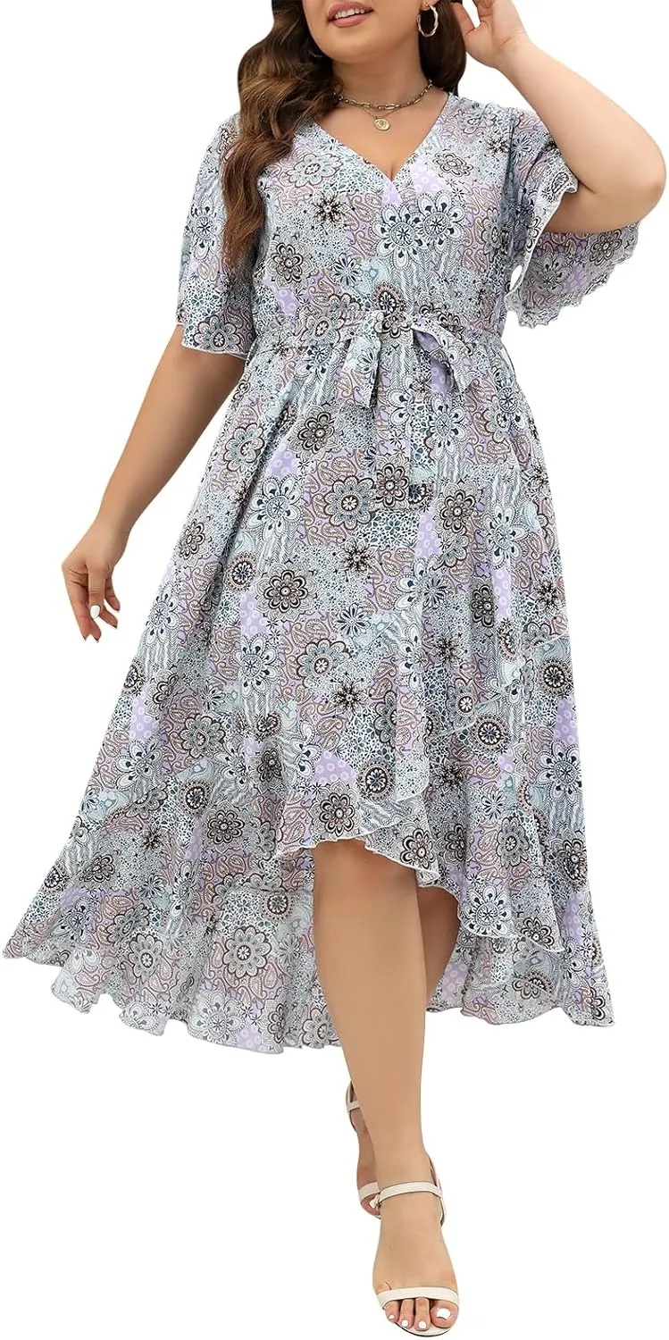 Keluummi Plus Size Wedding Guest Maxi Dress for Curvy Women, Summer Casual Boho Floral Long Wrap Dress with Sleeve and Pocket