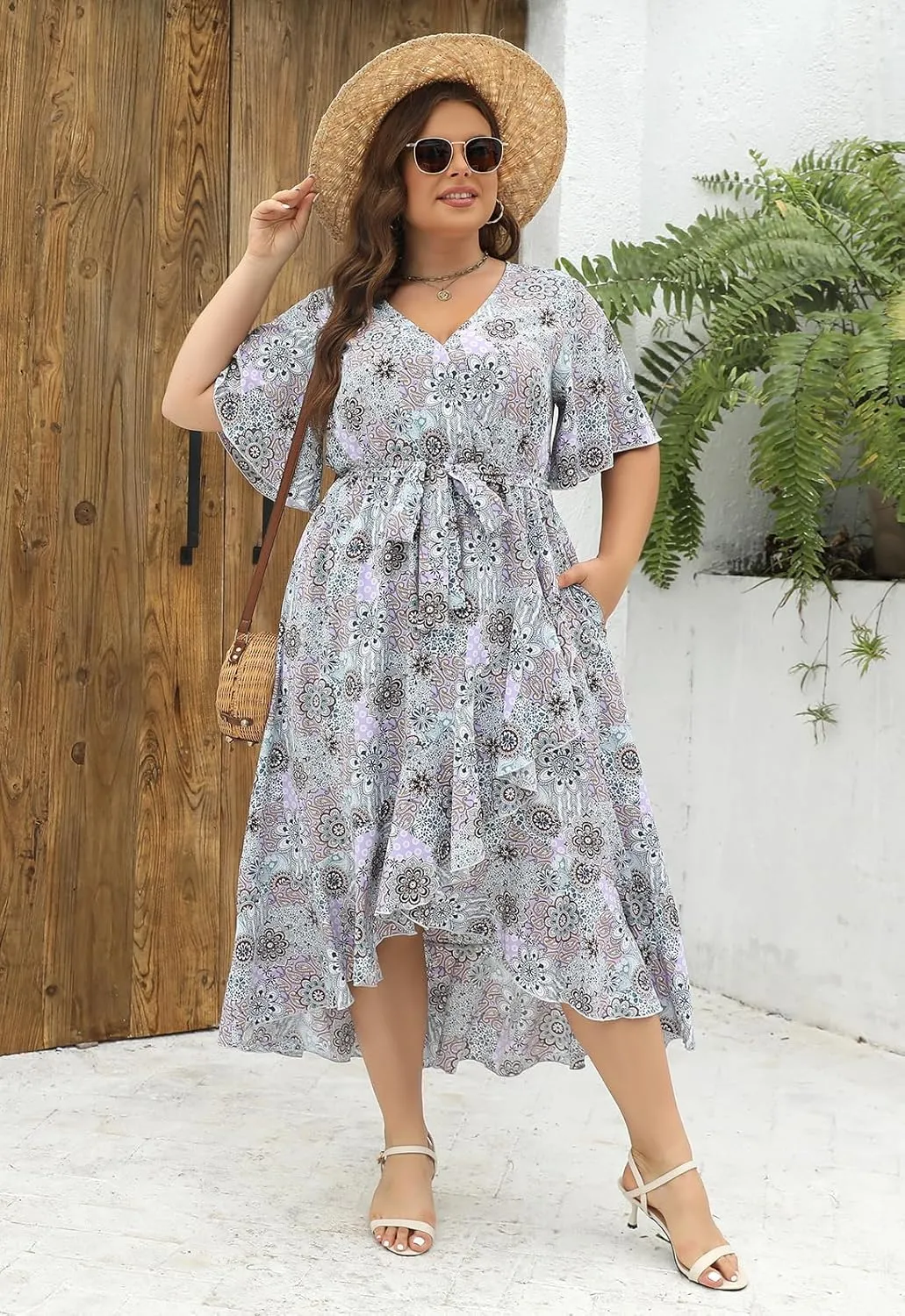 Keluummi Plus Size Wedding Guest Maxi Dress for Curvy Women, Summer Casual Boho Floral Long Wrap Dress with Sleeve and Pocket
